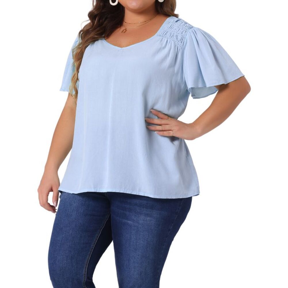 Plus Size V Neck Ruffle Sleeve Smocked Shoulder Chiffon Blouse Blue - Picture 2 of 6